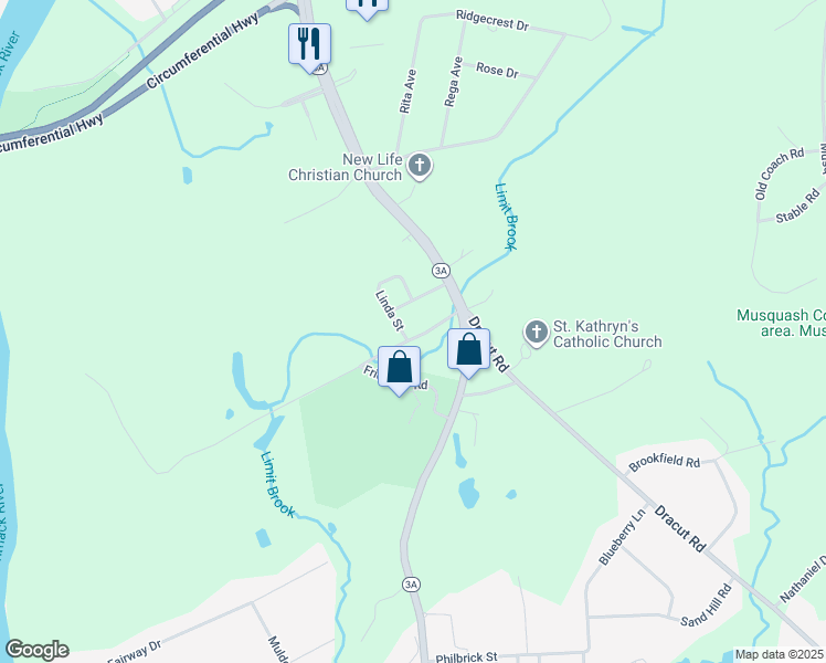 map of restaurants, bars, coffee shops, grocery stores, and more near 2 Linda Street in Hudson