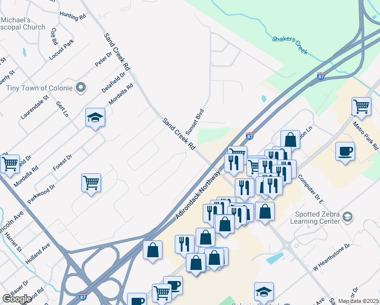 map of restaurants, bars, coffee shops, grocery stores, and more near 490 Sand Creek Road in Colonie