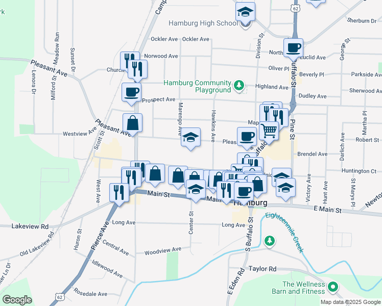 map of restaurants, bars, coffee shops, grocery stores, and more near 150 Pleasant Avenue in Hamburg