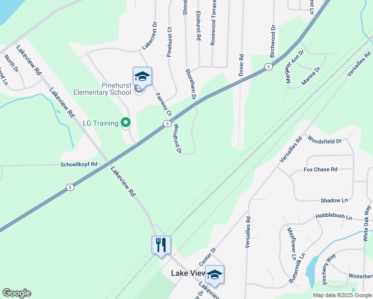 map of restaurants, bars, coffee shops, grocery stores, and more near 6135 Woodford Drive in Lake View