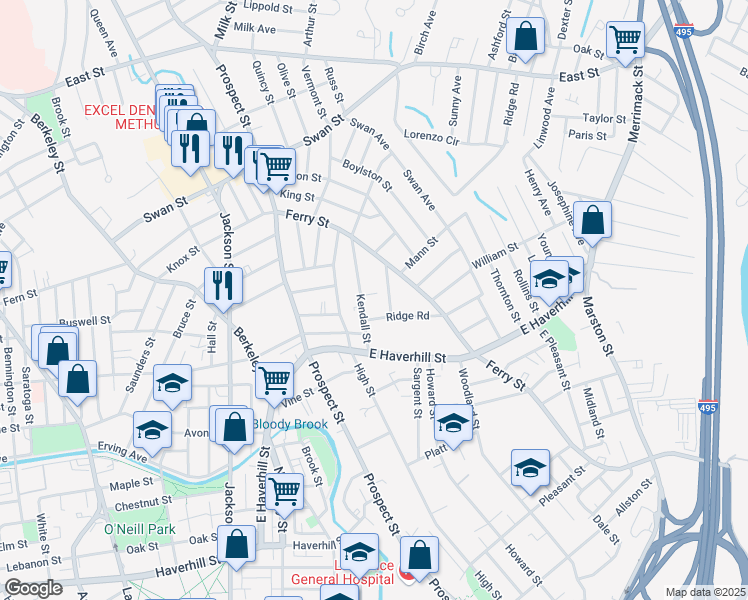 map of restaurants, bars, coffee shops, grocery stores, and more near 23 Ridge Road in Lawrence