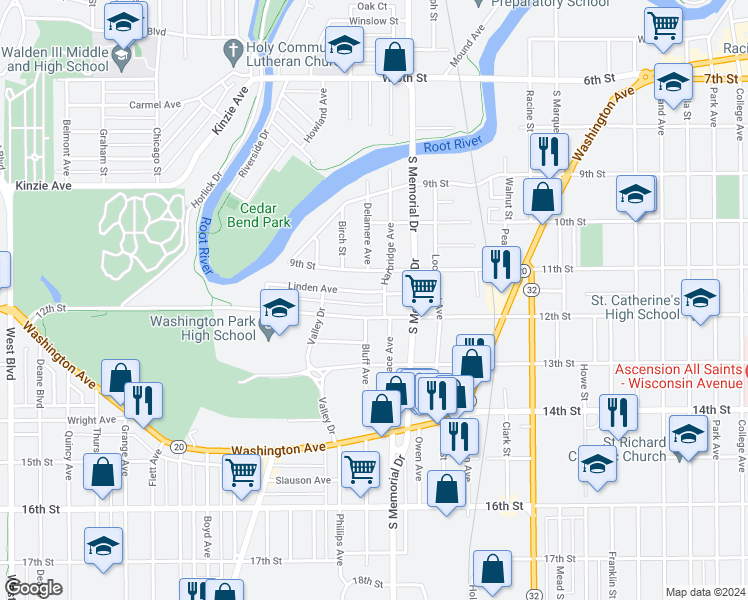 map of restaurants, bars, coffee shops, grocery stores, and more near 1720 12th Street in Racine