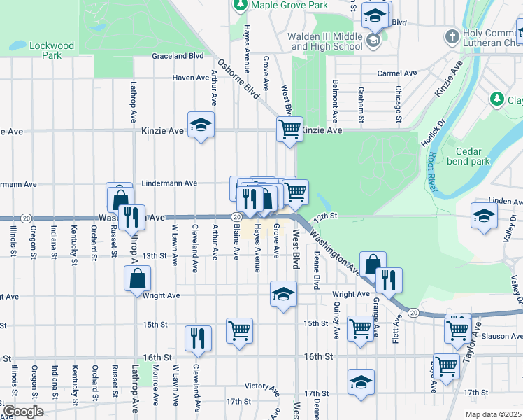 map of restaurants, bars, coffee shops, grocery stores, and more near 3311 Washington Avenue in Racine
