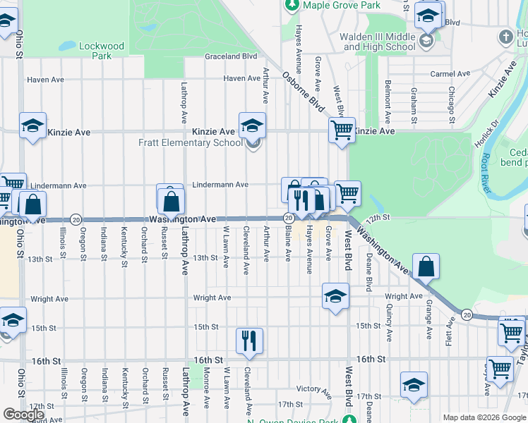 map of restaurants, bars, coffee shops, grocery stores, and more near 3517 Washington Avenue in Racine