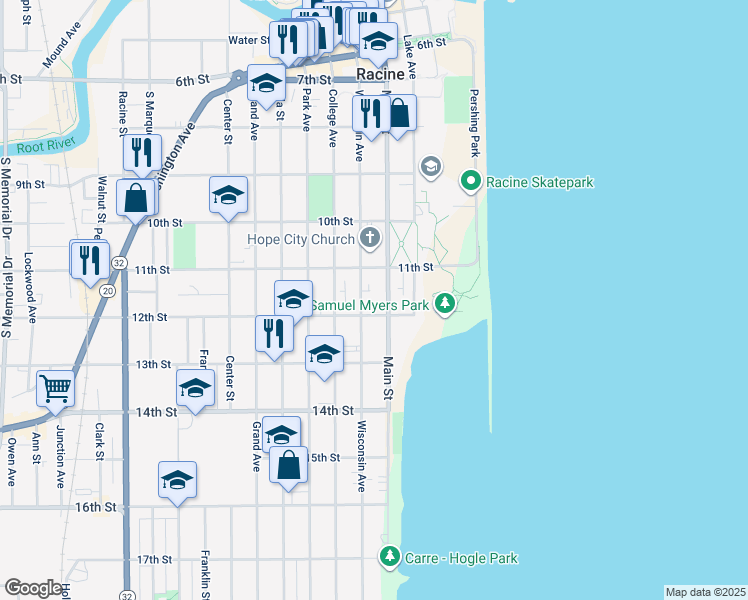 map of restaurants, bars, coffee shops, grocery stores, and more near 1130 Main Street in Racine