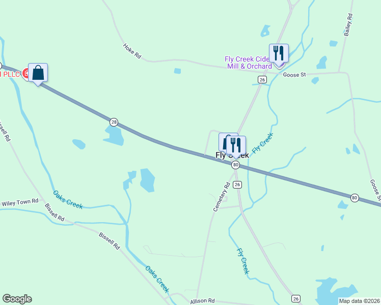 map of restaurants, bars, coffee shops, grocery stores, and more near Route 28 in Fly Creek