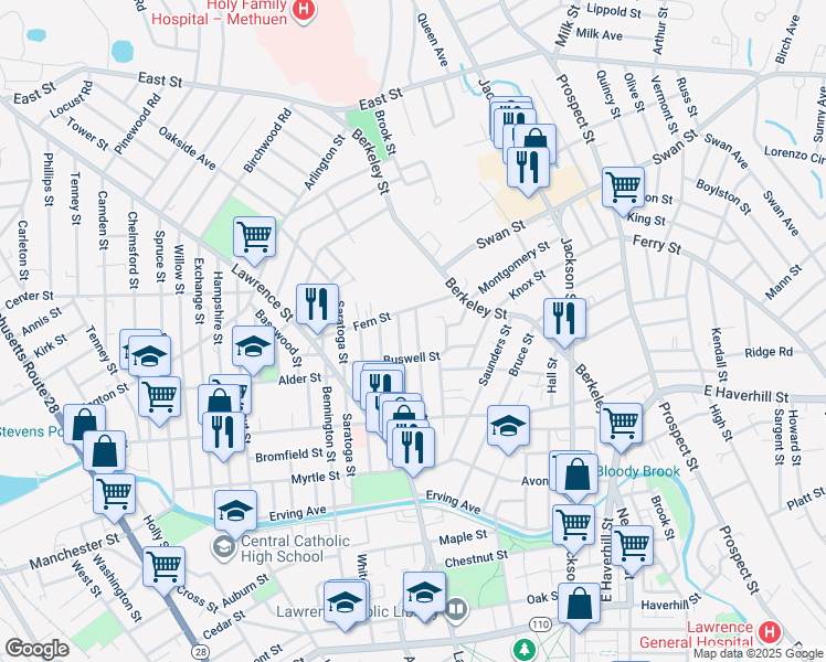 map of restaurants, bars, coffee shops, grocery stores, and more near 89 Trenton Street in Lawrence
