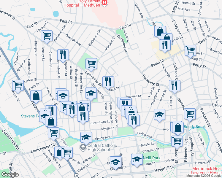 map of restaurants, bars, coffee shops, grocery stores, and more near 83 Bennington Street in Lawrence