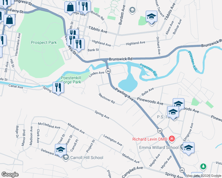map of restaurants, bars, coffee shops, grocery stores, and more near 12 Westover Road in Troy