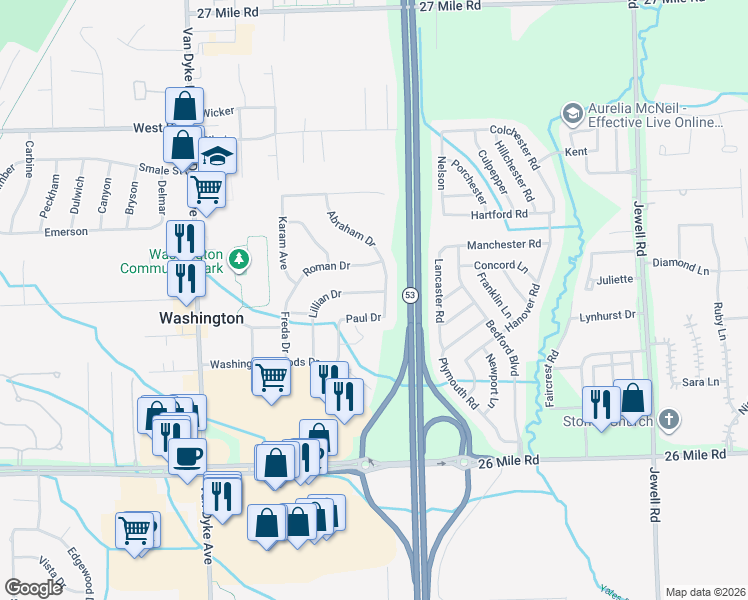 map of restaurants, bars, coffee shops, grocery stores, and more near 8650 Paul in Washington