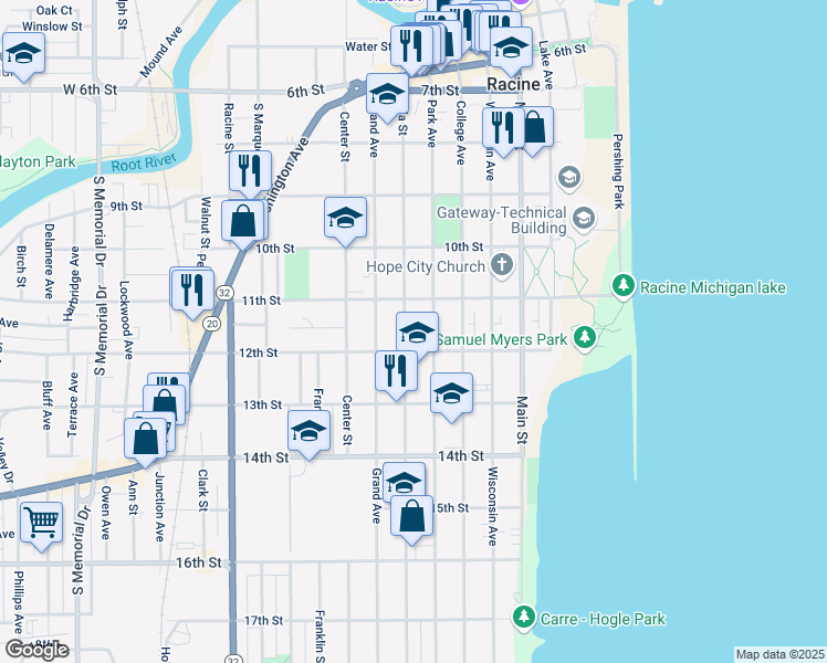 map of restaurants, bars, coffee shops, grocery stores, and more near 1146 Park Avenue in Racine