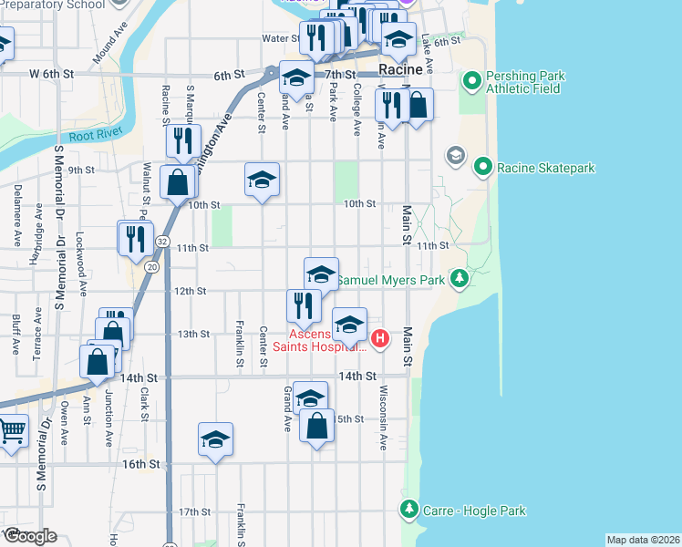 map of restaurants, bars, coffee shops, grocery stores, and more near 1129 Park Avenue in Racine