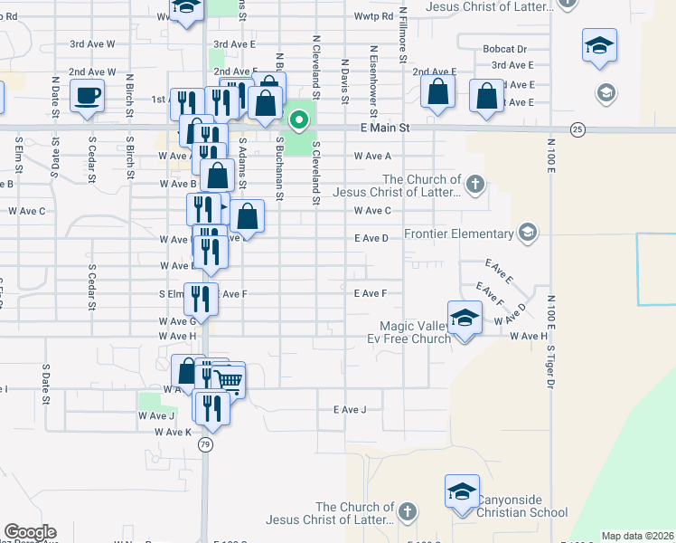 map of restaurants, bars, coffee shops, grocery stores, and more near 512 East Avenue F in Jerome