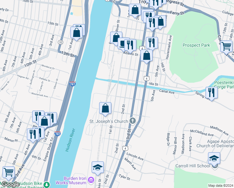 map of restaurants, bars, coffee shops, grocery stores, and more near 153 Madison Street in Troy