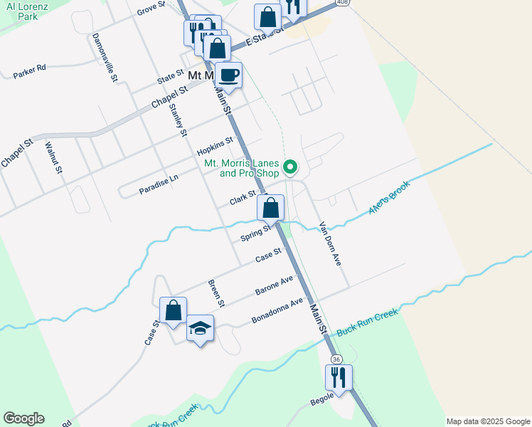map of restaurants, bars, coffee shops, grocery stores, and more near 8 Spring Street in Mount Morris