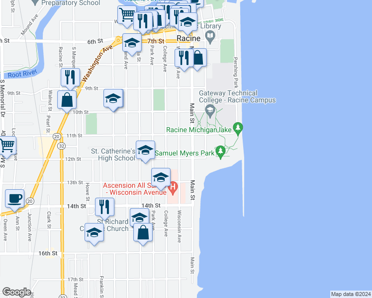 map of restaurants, bars, coffee shops, grocery stores, and more near 1202 Main Street in Racine