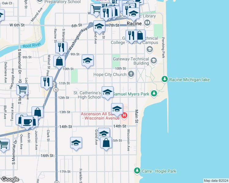 map of restaurants, bars, coffee shops, grocery stores, and more near 1146 Park Avenue in Racine