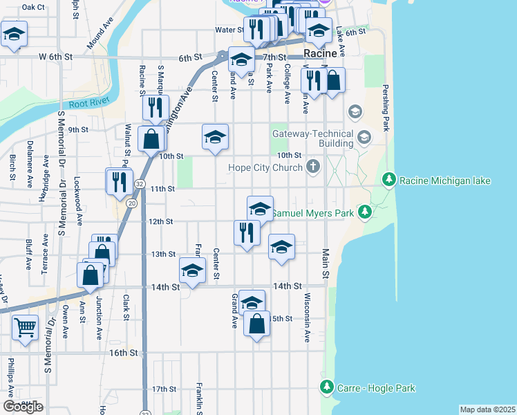 map of restaurants, bars, coffee shops, grocery stores, and more near 1146 Park Avenue in Racine