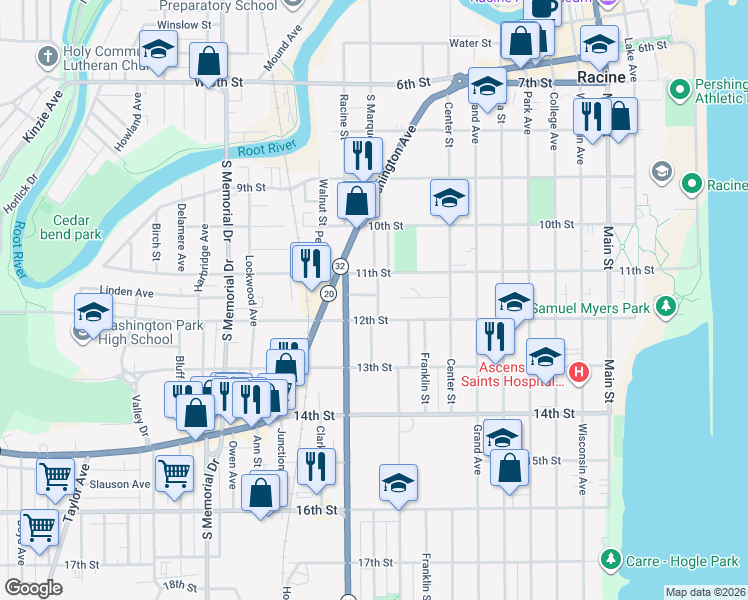 map of restaurants, bars, coffee shops, grocery stores, and more near 1022 12th Street in Racine