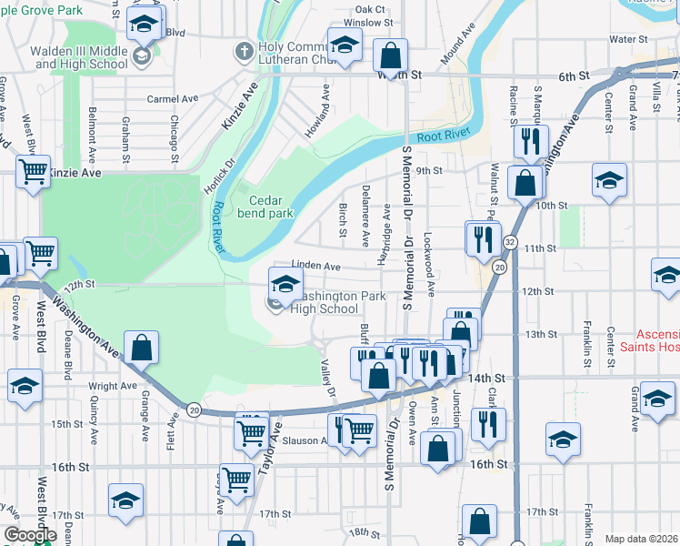 map of restaurants, bars, coffee shops, grocery stores, and more near 1842 12th Street in Racine