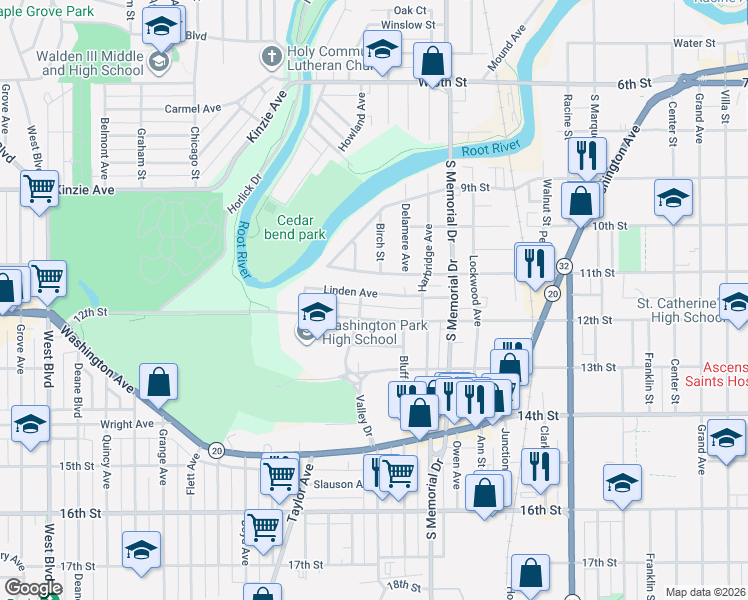 map of restaurants, bars, coffee shops, grocery stores, and more near 1842 12th Street in Racine