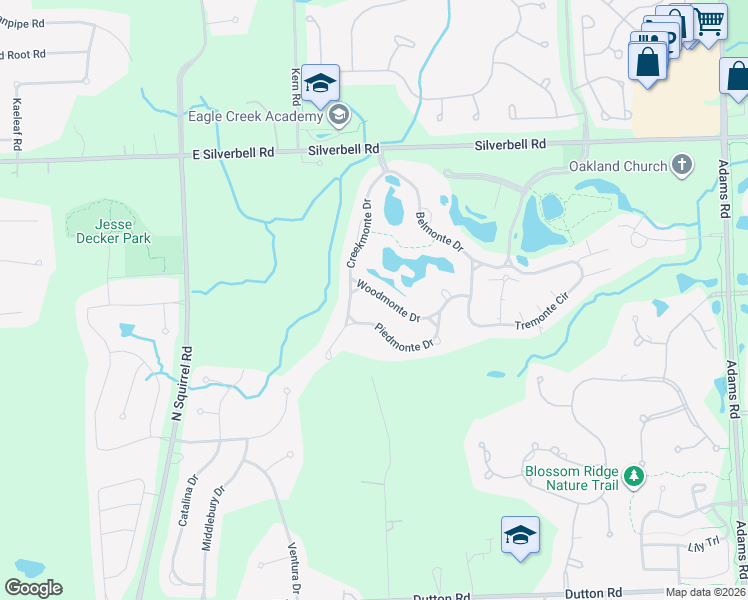 map of restaurants, bars, coffee shops, grocery stores, and more near 3829 Woodmonte Drive in Rochester