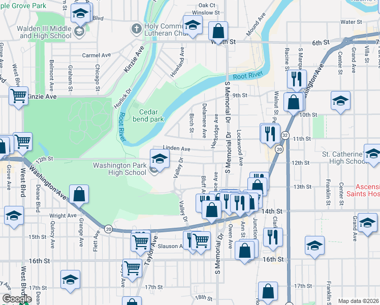 map of restaurants, bars, coffee shops, grocery stores, and more near 1842 12th Street in Racine
