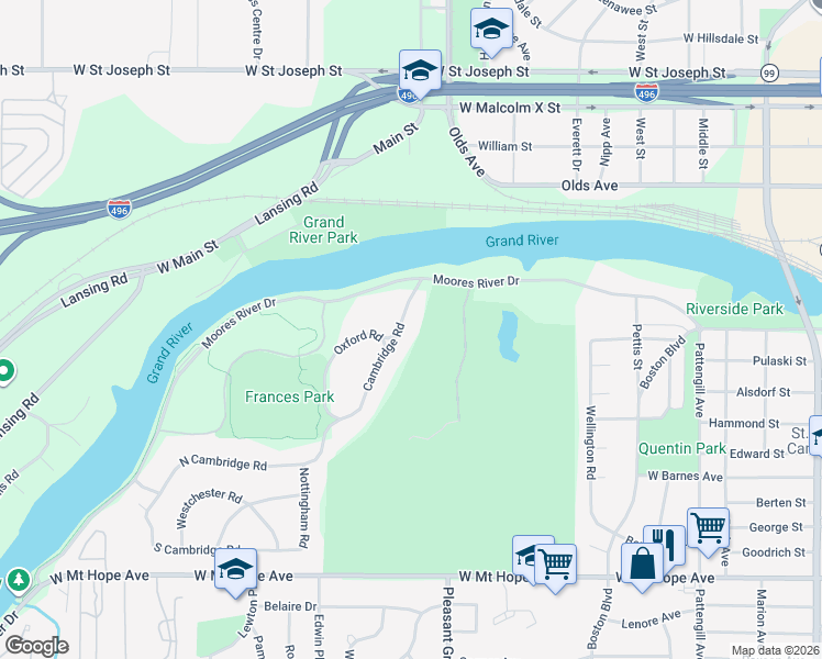 map of restaurants, bars, coffee shops, grocery stores, and more near 1401 Cambridge Road in Lansing