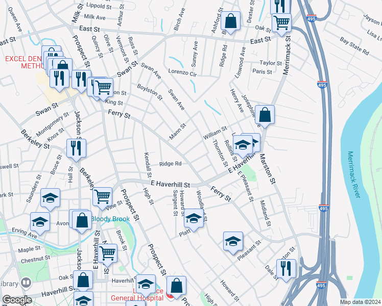 map of restaurants, bars, coffee shops, grocery stores, and more near 24 William Street in Lawrence
