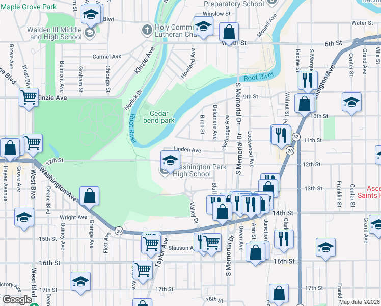 map of restaurants, bars, coffee shops, grocery stores, and more near 1100 Valley Drive in Racine