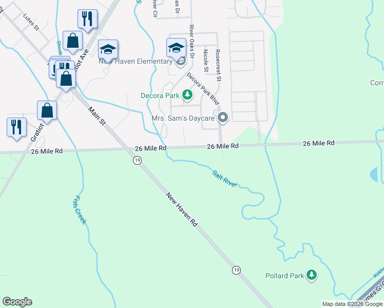 map of restaurants, bars, coffee shops, grocery stores, and more near 32480 26 Mile Road in New Baltimore