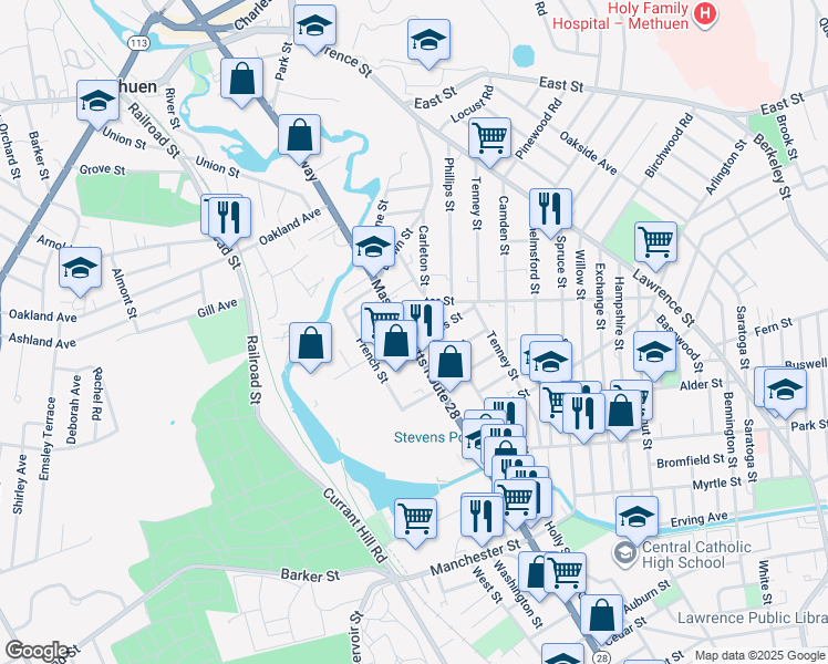 map of restaurants, bars, coffee shops, grocery stores, and more near in Methuen
