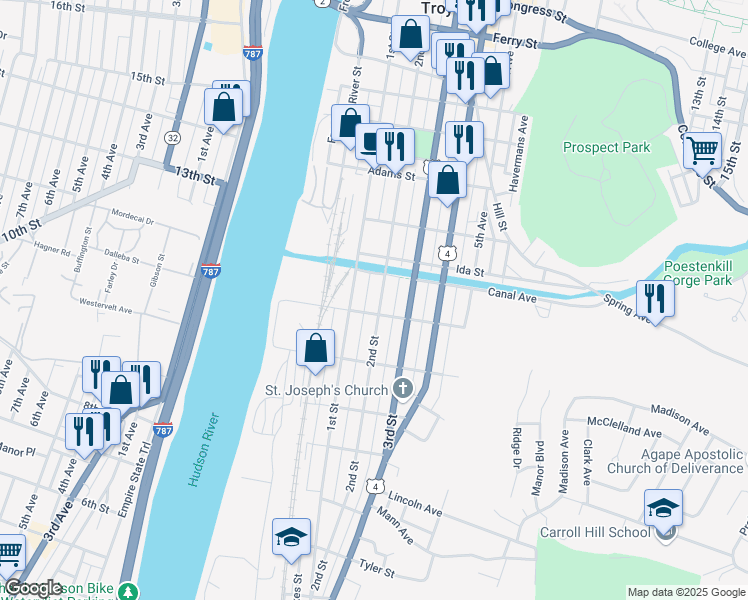 map of restaurants, bars, coffee shops, grocery stores, and more near 153 Madison Street in Troy