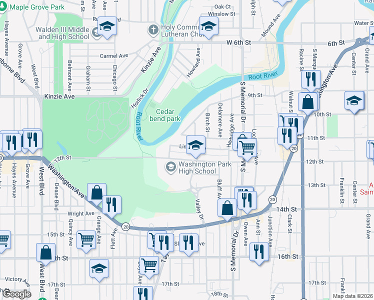 map of restaurants, bars, coffee shops, grocery stores, and more near 1926 12th Street in Racine