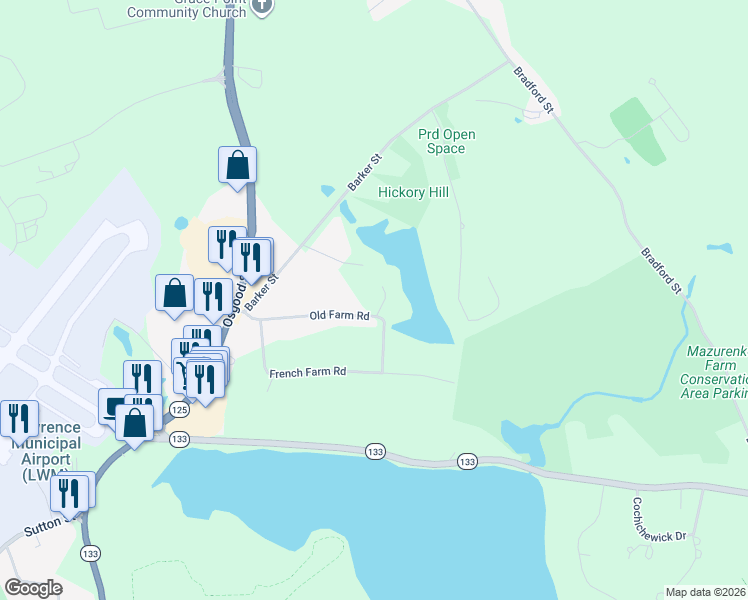 map of restaurants, bars, coffee shops, grocery stores, and more near 119 Old Farm Road in North Andover