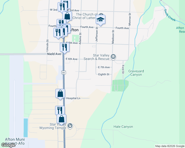 map of restaurants, bars, coffee shops, grocery stores, and more near Jefferson Street in Afton