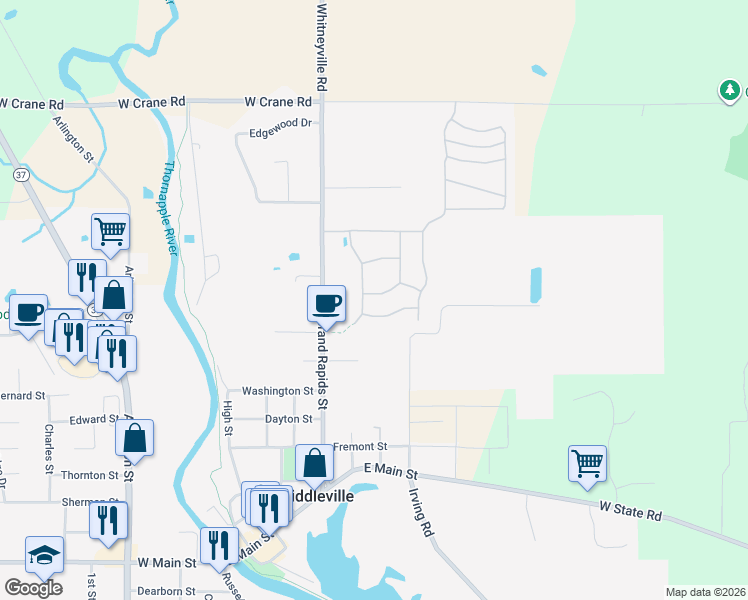 map of restaurants, bars, coffee shops, grocery stores, and more near 436 Tanglewood Drive in Middleville