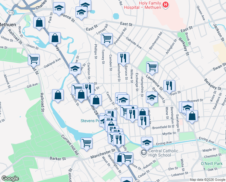 map of restaurants, bars, coffee shops, grocery stores, and more near 34 Center Street in Methuen
