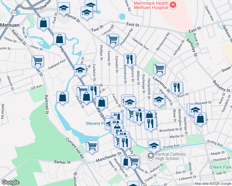 map of restaurants, bars, coffee shops, grocery stores, and more near 34 Center Street in Methuen