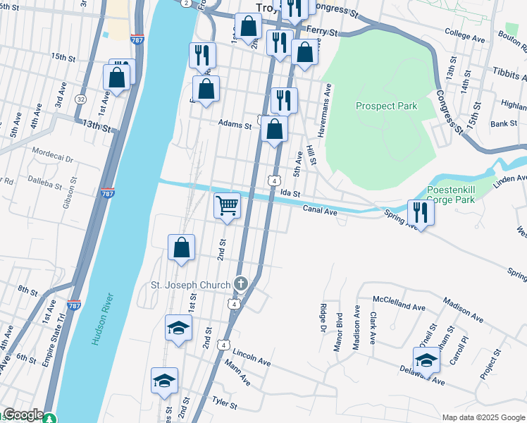 map of restaurants, bars, coffee shops, grocery stores, and more near 66 Ida Street in Troy