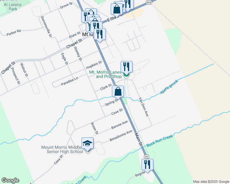 map of restaurants, bars, coffee shops, grocery stores, and more near 160 Main Street in Mount Morris