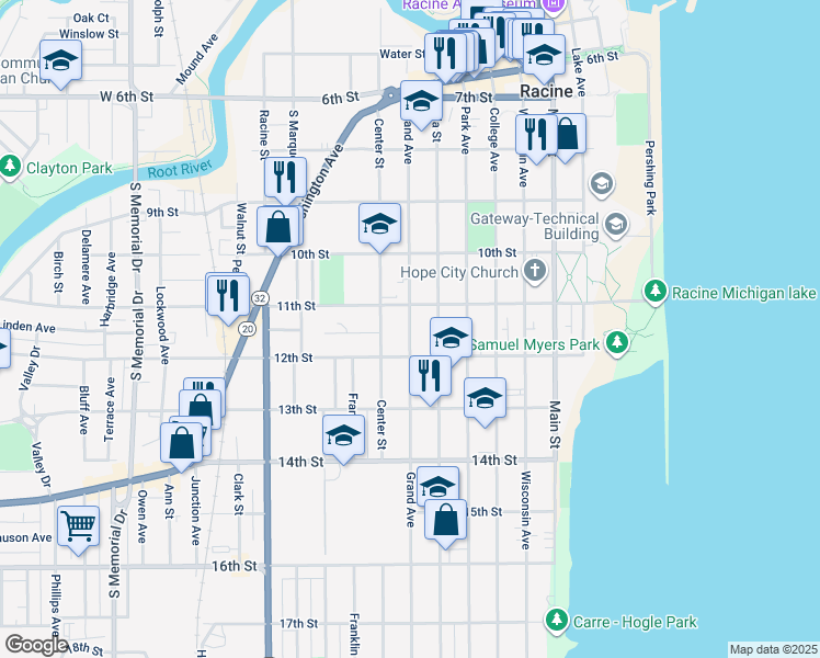 map of restaurants, bars, coffee shops, grocery stores, and more near 608 11th Street in Racine