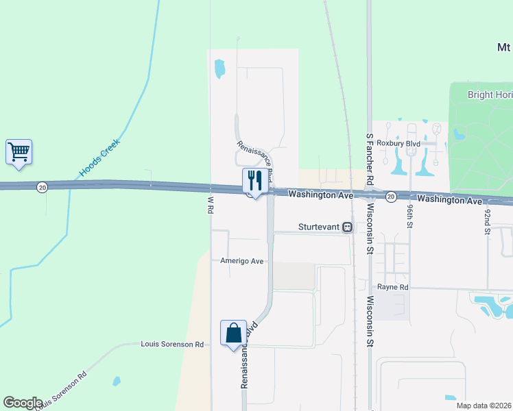 map of restaurants, bars, coffee shops, grocery stores, and more near 10351 Washington Avenue in Sturtevant