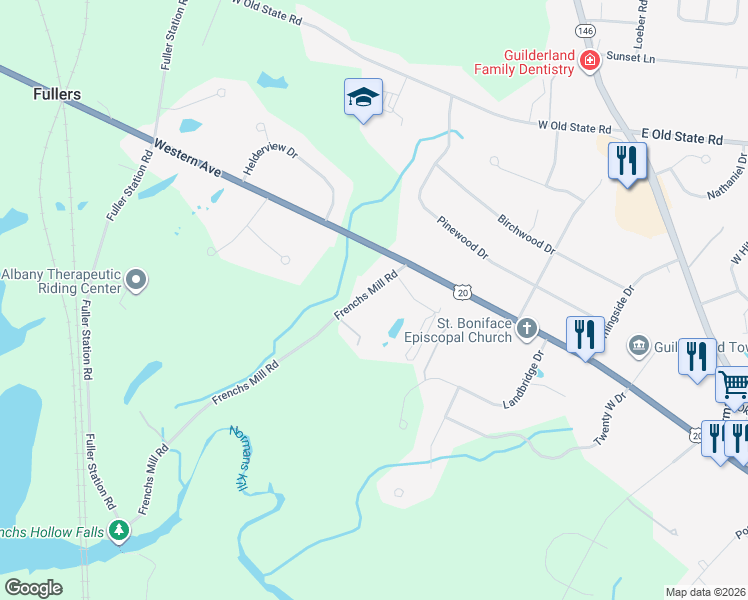 map of restaurants, bars, coffee shops, grocery stores, and more near 20 Frenchs Mill Road in Altamont