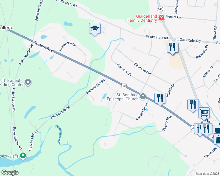 map of restaurants, bars, coffee shops, grocery stores, and more near Bavarian Way in Altamont