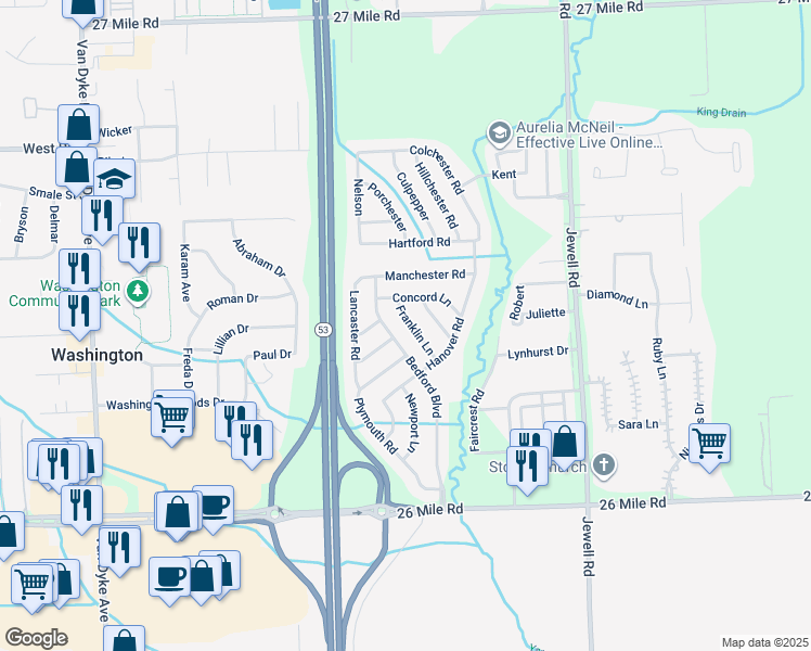 map of restaurants, bars, coffee shops, grocery stores, and more near 57793 Franklin Lane in Washington