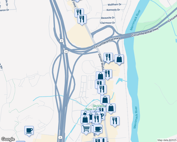 map of restaurants, bars, coffee shops, grocery stores, and more near 3 Autumn Leaf Drive in Nashua