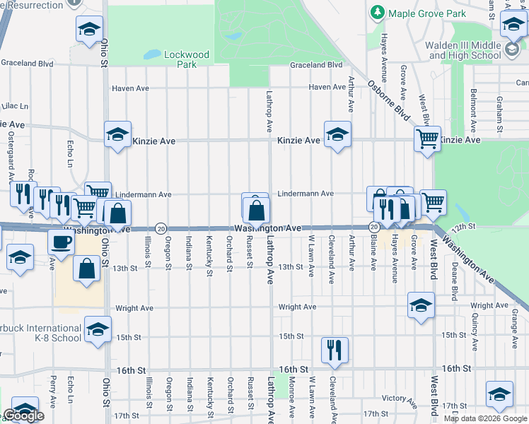 map of restaurants, bars, coffee shops, grocery stores, and more near 3901 Lindermann Avenue in Racine