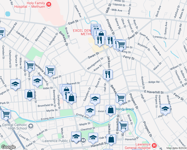 map of restaurants, bars, coffee shops, grocery stores, and more near 93 Saunders Street in Lawrence