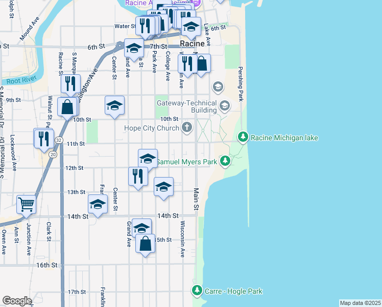 map of restaurants, bars, coffee shops, grocery stores, and more near 1116 Main Street in Racine